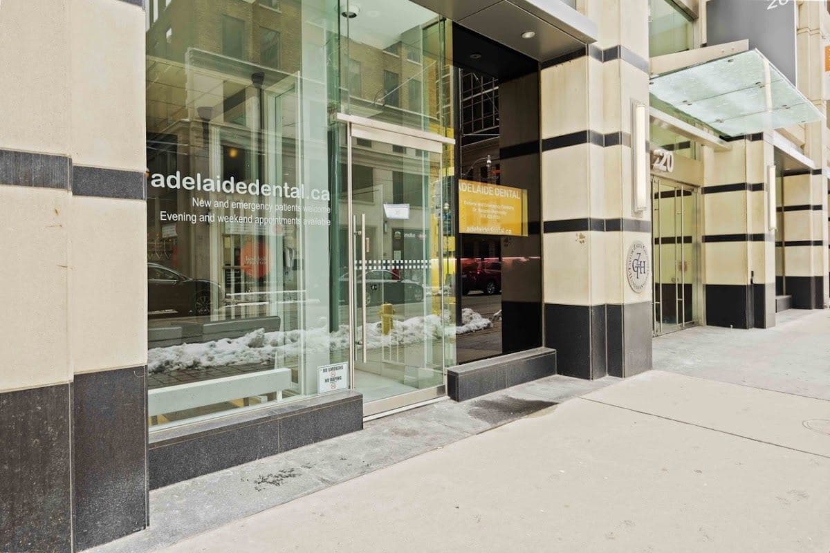 Adelaide Dental dentist office street entrance at 20 Adelaide Street East in downtown Toronto Adelaide Dental dentist office street entrance at 20 Adelaide Street East in downtown Toronto